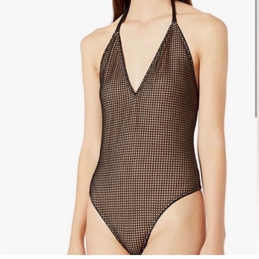 Cosmopolitan Black and Nude Tie Neck Backless Bodysuit